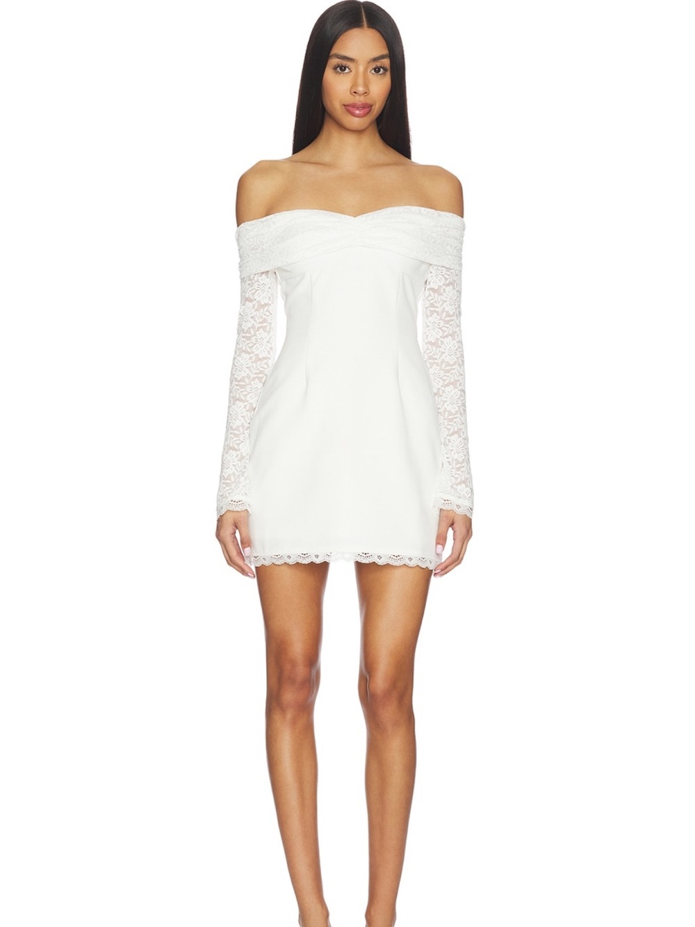 Off-the-Shoulder White Lace-Sleeve Mini Dress